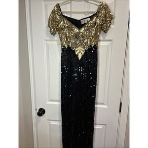 Black Tie Oleg Cassini 100% Silk Beaded Gown Long Sequins Vintage Size 4 Fashion